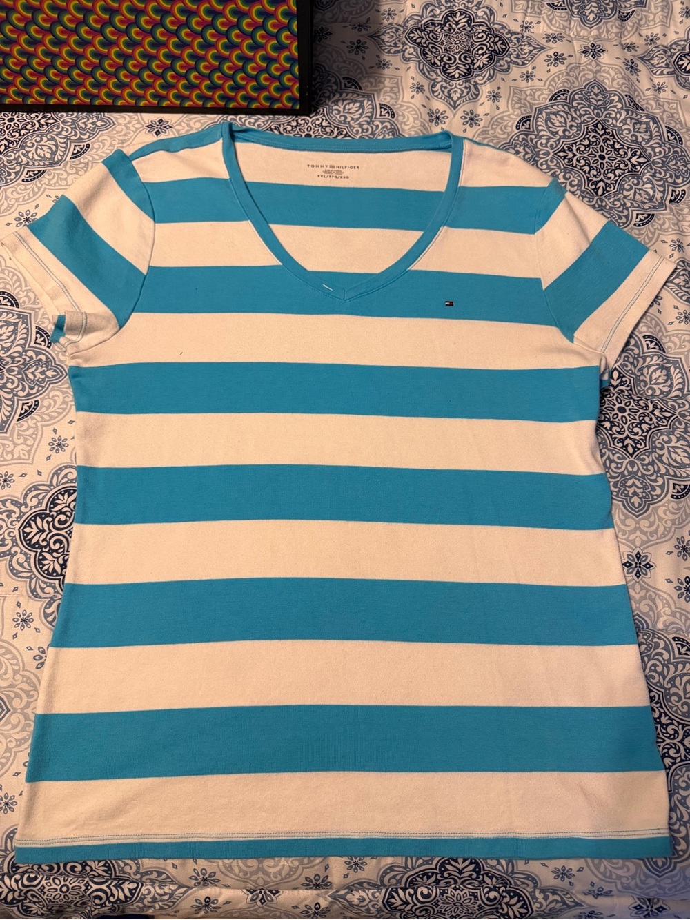 Tommy Hilfiger Women’s Turquoise & White Striped V-Neck Tee
